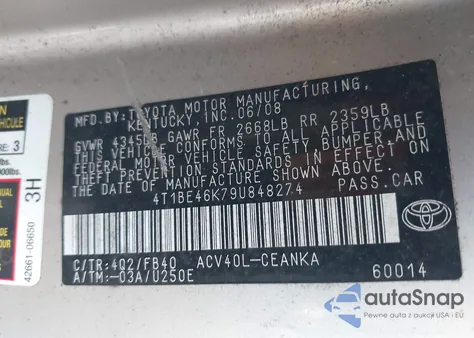 2009 Toyota Camry Le из США, поврежденный, VIN 4T1BE46K79U848274